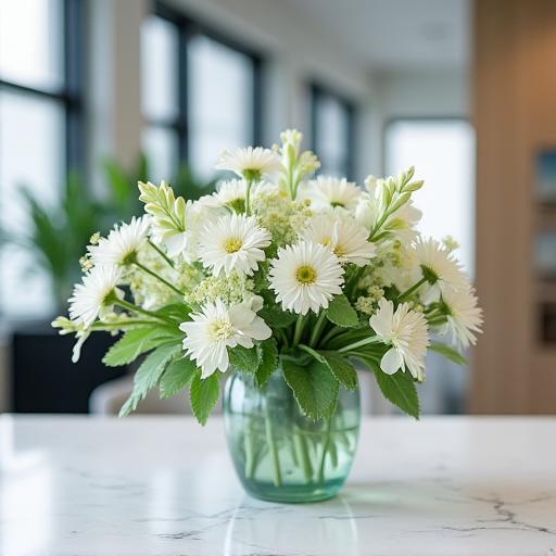 A modern floral arrangement on a corporate reception desk.