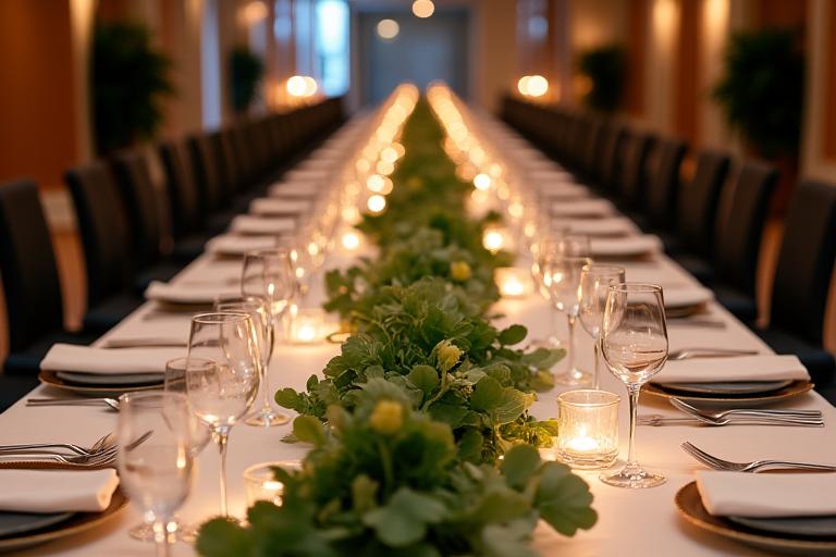 A long, low centerpiece for a corporate dinner table.