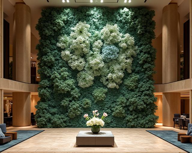 A large, dramatic floral installation in a luxury hotel lobby.