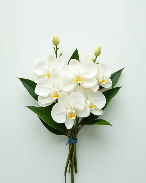 A minimalist wedding bouquet with white orchids and sharp leaves.