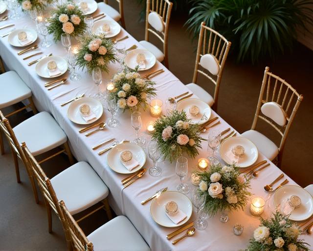 An overhead view of a beautifully decorated wedding tablescape.