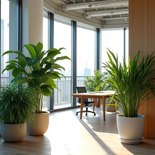 A modern office interior featuring stylishly arranged potted plants.