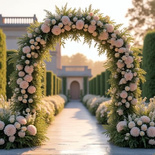 An elegant floral arch designed for a wedding ceremony.